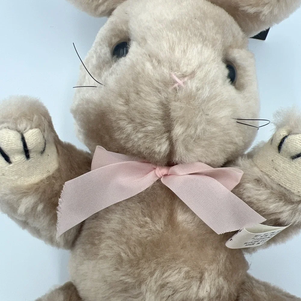 Vintage Tan‎ Beige Bunny Rabbit Pink Bow Plush Jointed 8